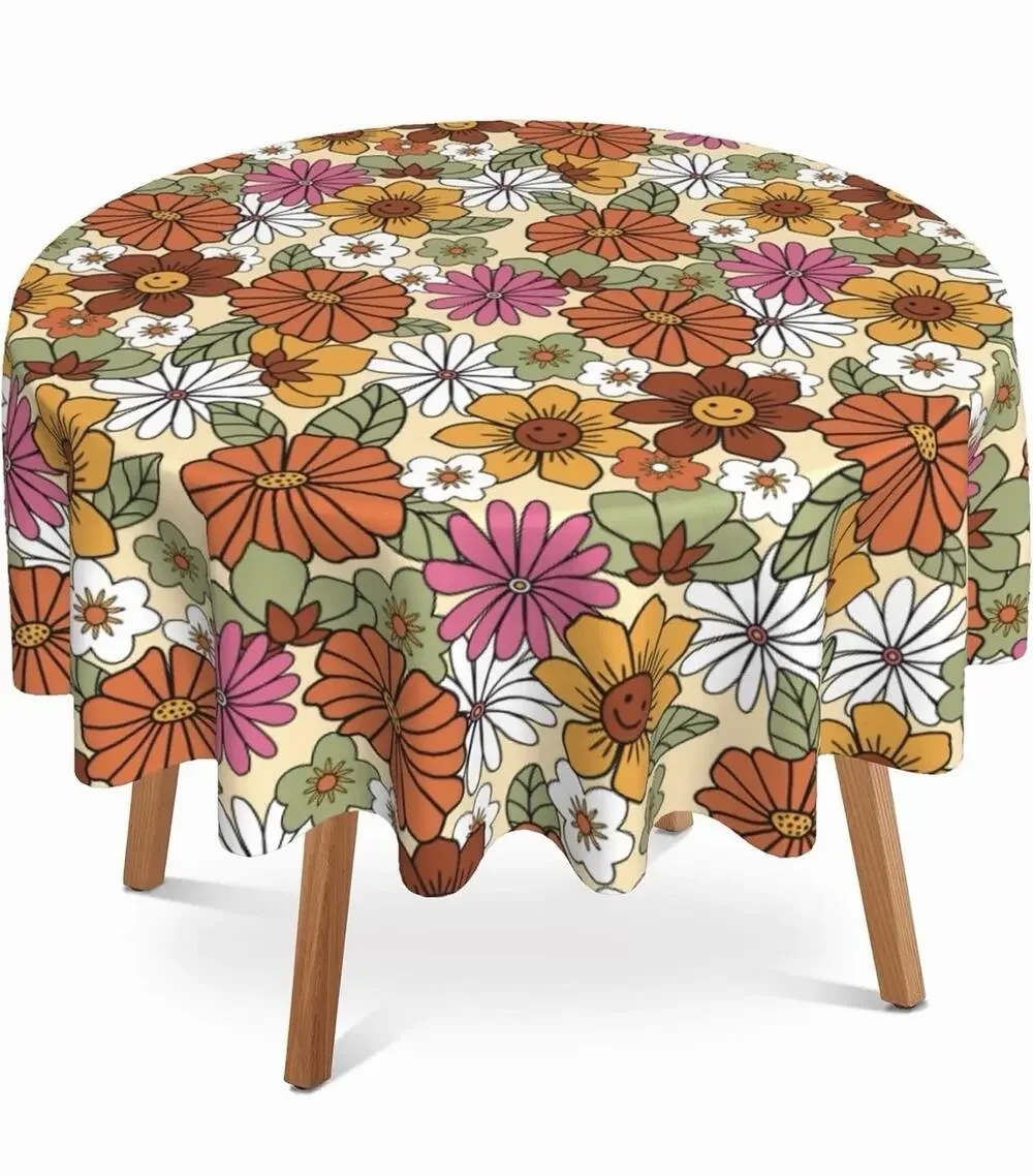 70s Retro Floral Round Tablecloth 60